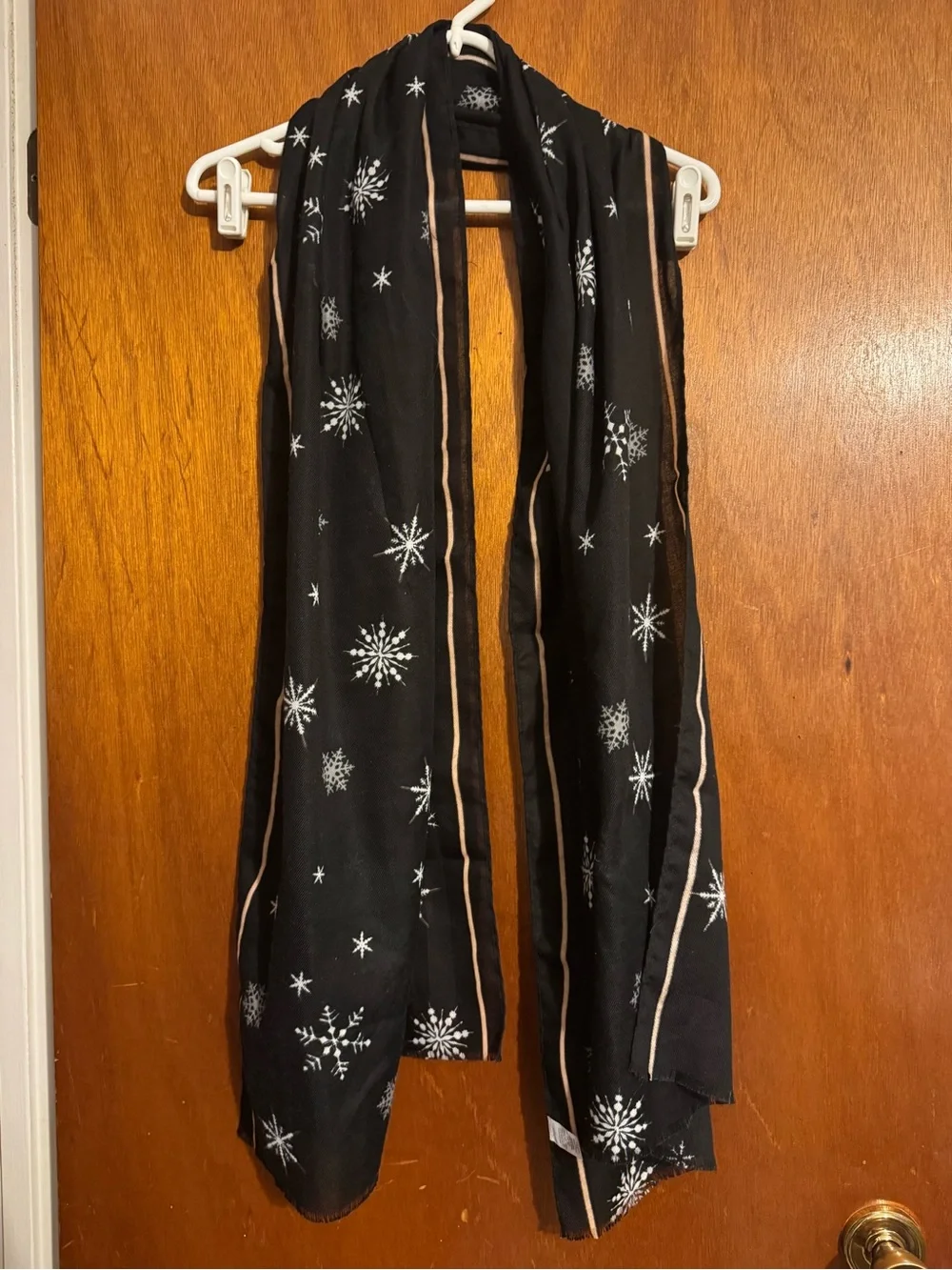 Black Snowflake Print Scarf with Contrast Trim -  21”x 73”